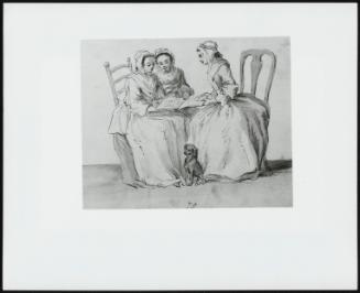 Three Seated Ladies Reading, With A Dog At Their Feet