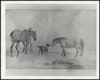 Man Leading a Horse, with Dog and Pony Facing Eachother