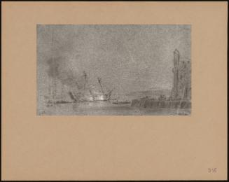 A Ship Careened Burning Off Near A Tower