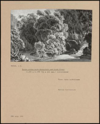 River Scene With Waterfall And High Trees