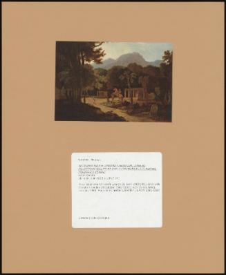 SOUTHERN INDIAN WOODED LANDSCAPE, WITH AN EQUESTRIAN SCULPTURE AND CHOULTRIES IN A CLEARING MOUNTAINS BEYOND