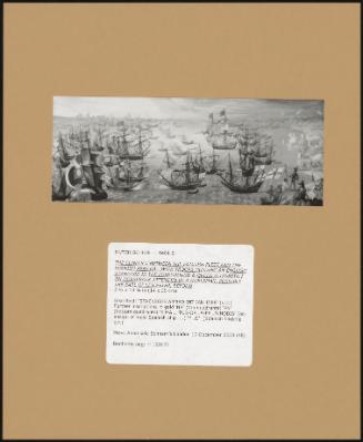 The Conflict Between The English Fleet And The Spanish Armada With Troops Holding An English Standard In The Foreground & Queen Elizabeth I On Horseback Attended By A Nobleman, Possibly The Earl Of Leicester, Beyond