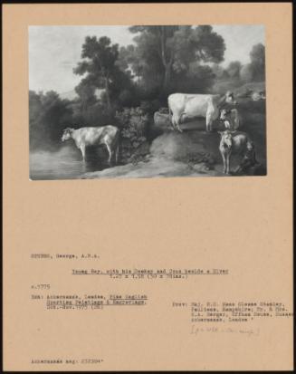 Young Boy, with His Donkey and Cows Beside a River